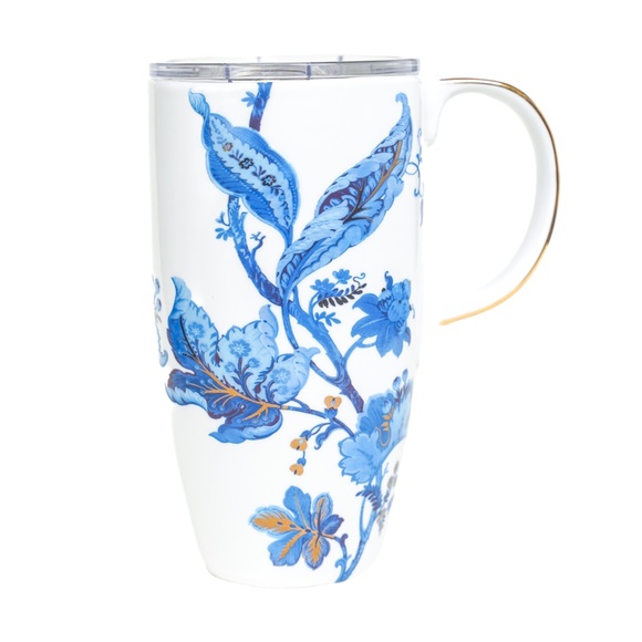 Travel Mug Ceramic Floral Blue White Gold Metallic 17 oz - Picture 1 of 7